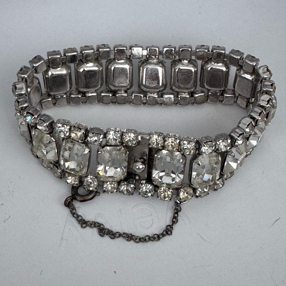 Vintage Bracelet Wide Clear Rhinestone 1950s unsigned
